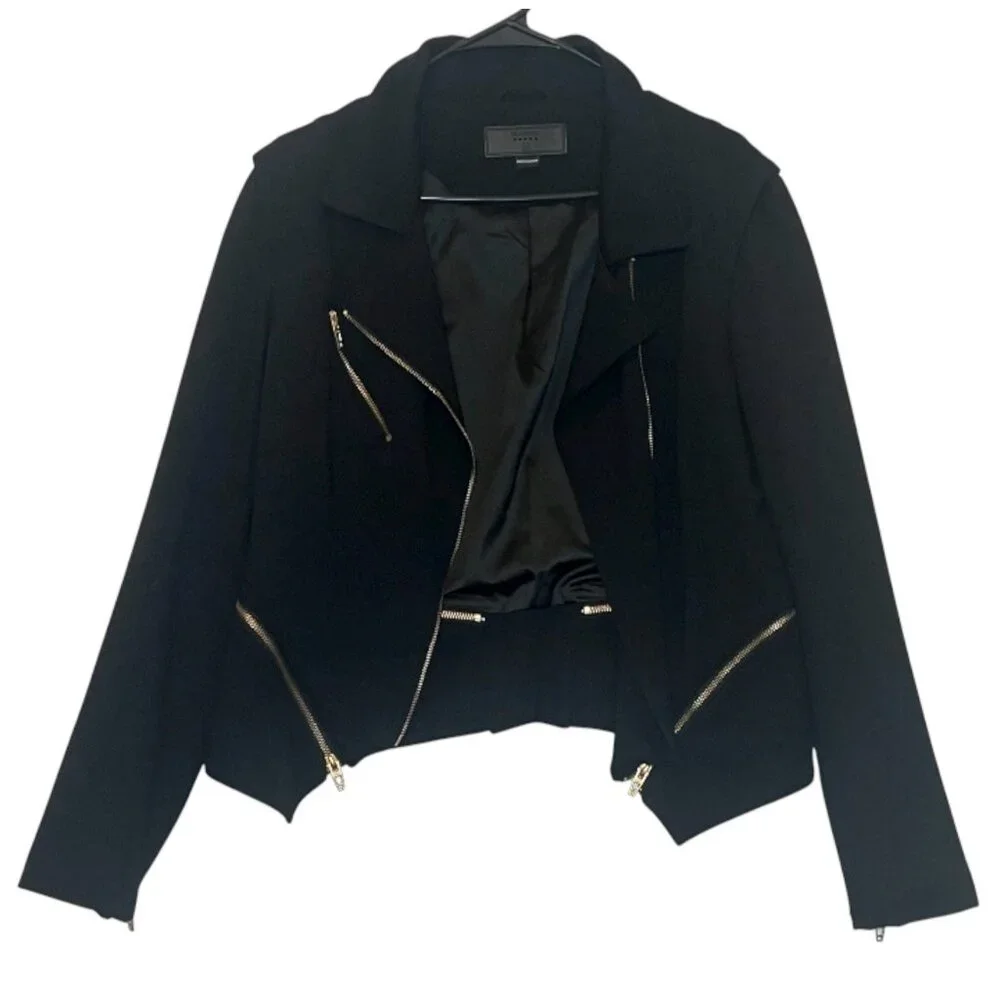 BLANKNYC Women Jacket Denim Psychopath Ponte Moto Size Medium Black Gold Stretch - Picture 2 of 12